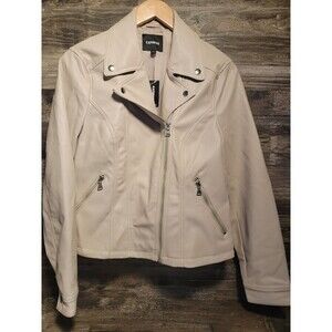 Express Jacket Womens L Beige Faux‎ Leather Moto Biker Zip Pockets Textured New